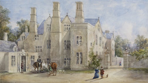 Watercolour of a manor house with people and horses